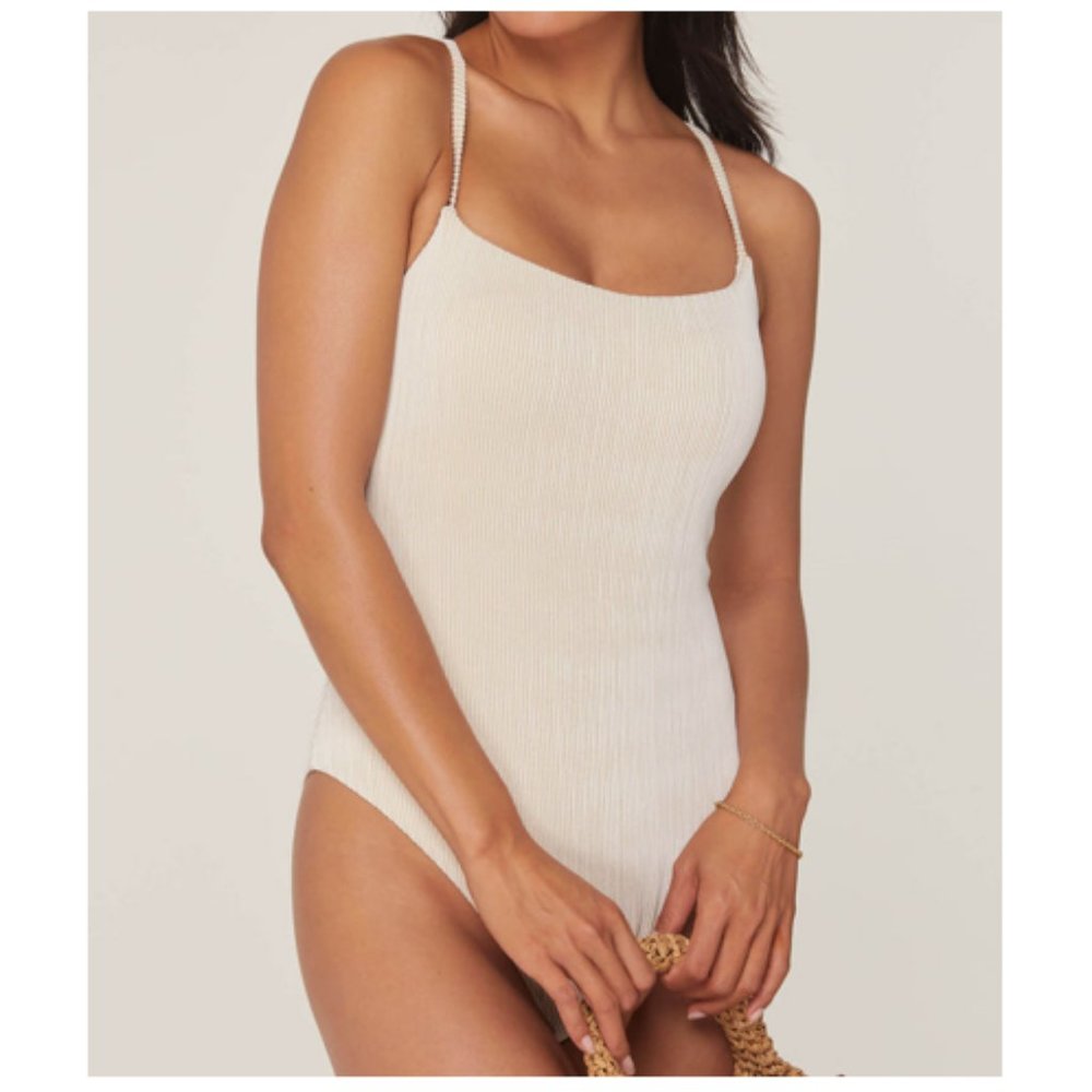 Andie The Fiji One Piece Swimsuit White Gold Lurex Stripe Size XL NWT